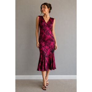 Vintage Phase Eight Silk Blend Flocked Midi Dress UK 16 US 12 Pink Black